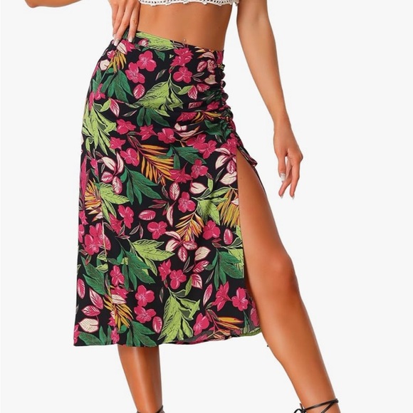Allegra K NWT L GREEN & PINK Floral Print RUCHED HI SLIT SEXY Midi Skirt - Picture 1 of 6